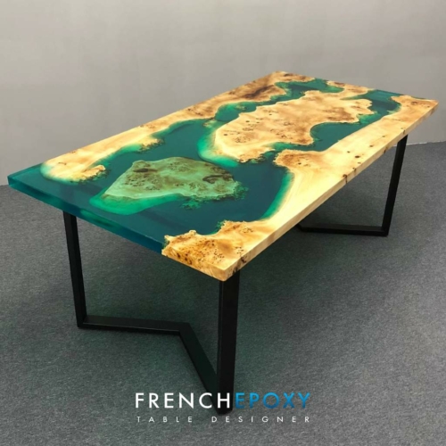 Table en resine turquoise peuplier TM.PV .29.5 French Epoxy