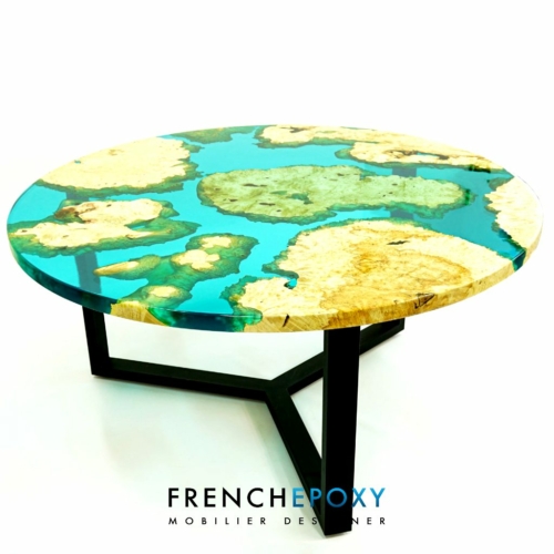 Table à manger ronde en résine turquoise