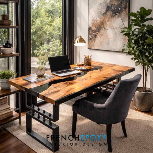 Bureau en résine époxy et loupe de chêne à Cannes