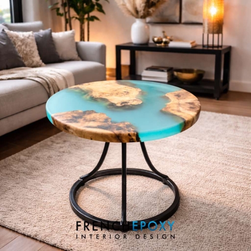 Table basse ronde et resine epoxy et bois massif