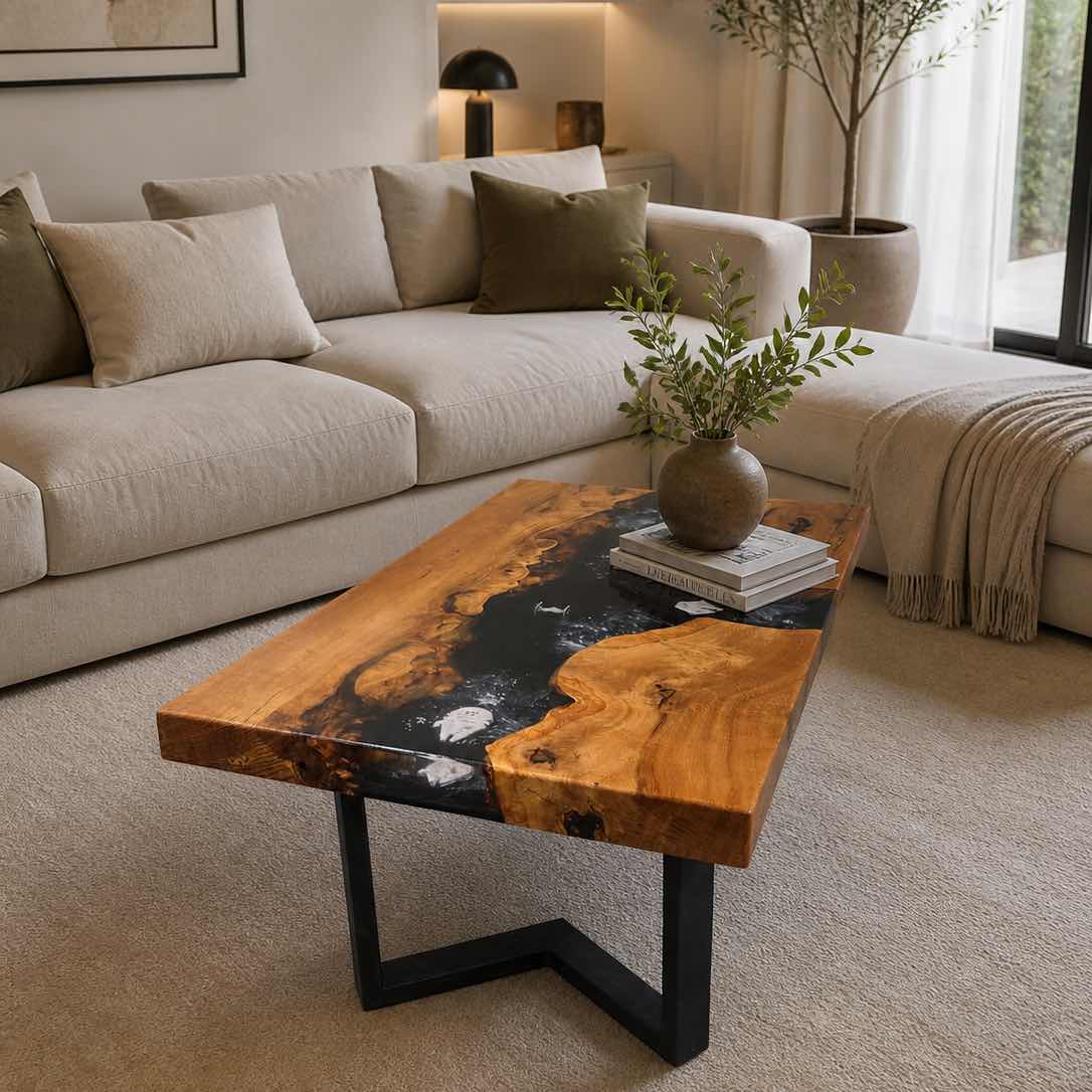 Table basse en bois massif et résine époxy – Création artisanale unique inspirée de Star Wars