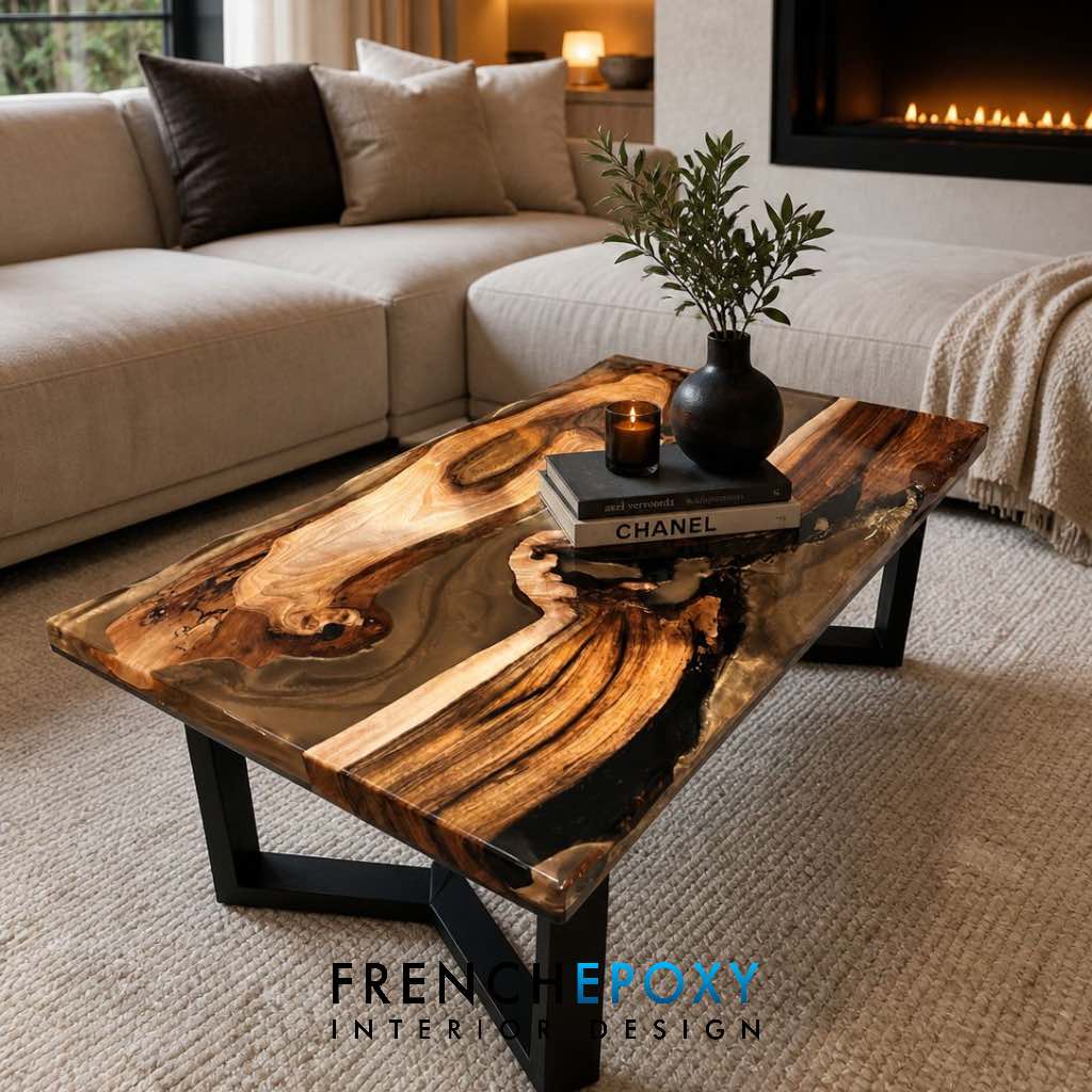 Table Basse en Noyer Massif & Résine Époxy Bronze – Fabrication sur mesure